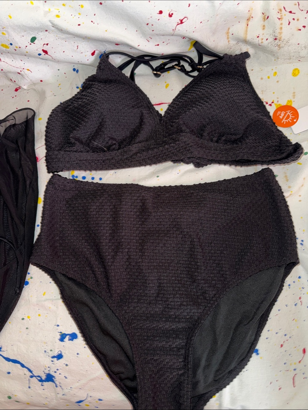 Black Textured Two-Piece Swim Set with Strappy Back
